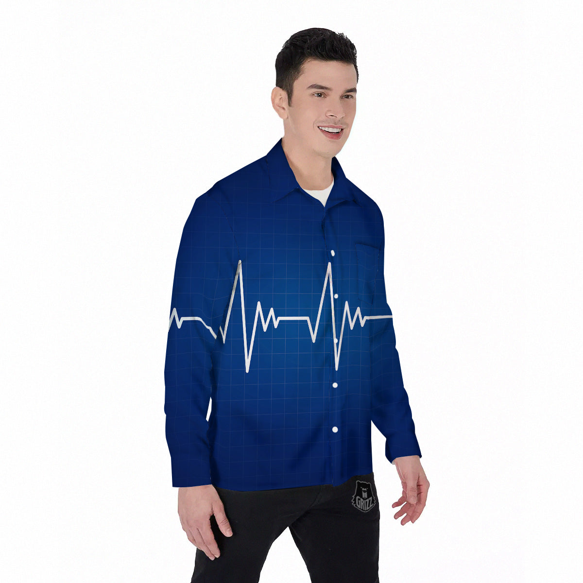 Heartbeat Blue Print Men's Long Sleeve Shirts-grizzshop