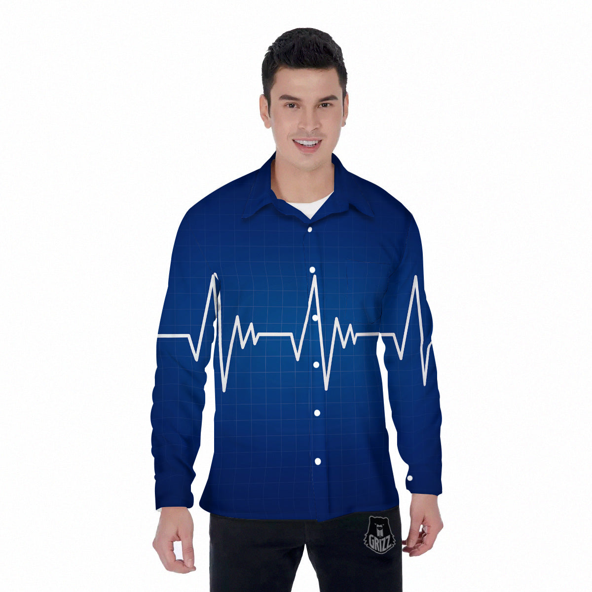 Heartbeat Blue Print Men's Long Sleeve Shirts-grizzshop