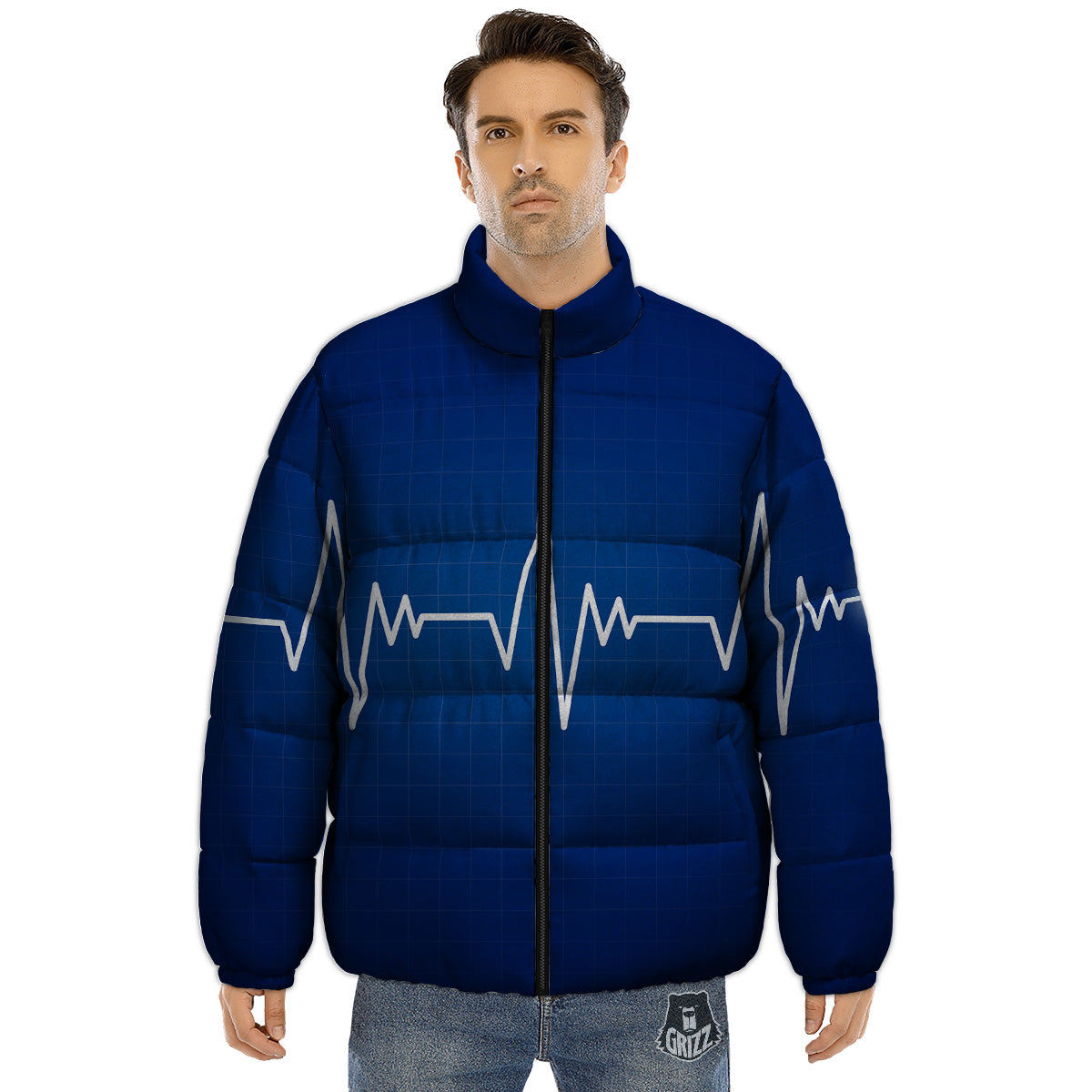 Heartbeat Blue Print Puffer Jacket-grizzshop