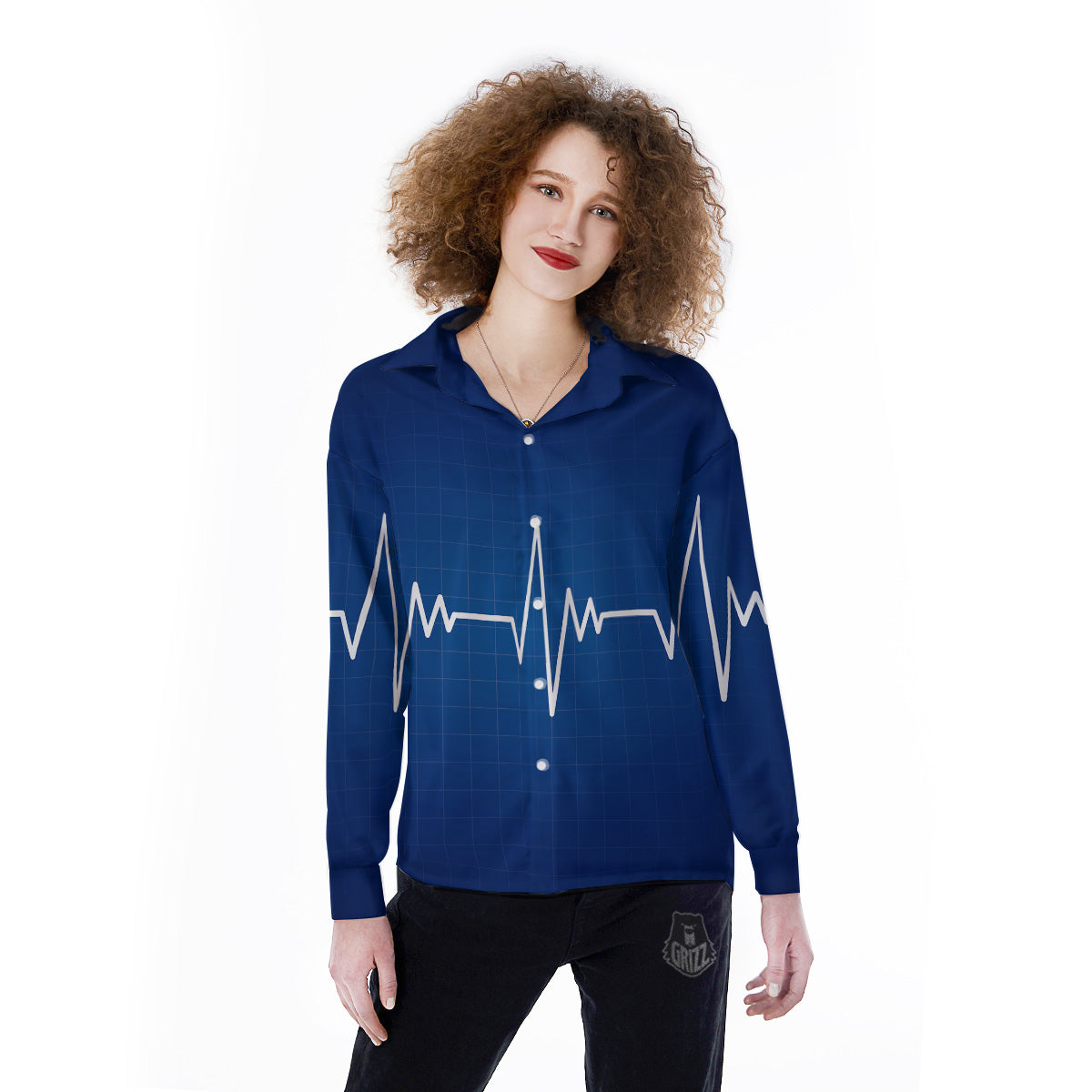 Heartbeat Blue Print Women's Long Sleeve Shirts-grizzshop