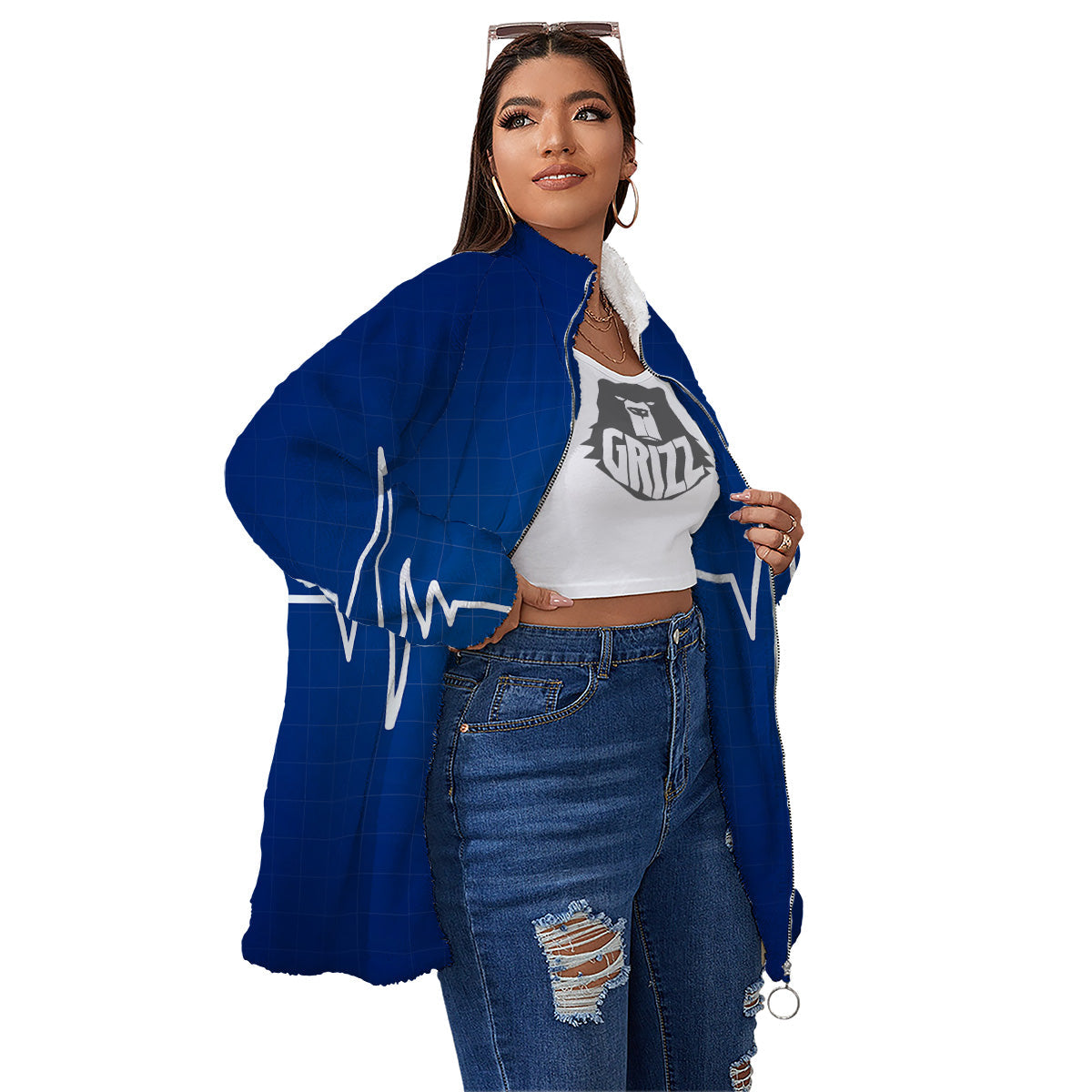Heartbeat Blue Print Women's Sherpa Jacket-grizzshop
