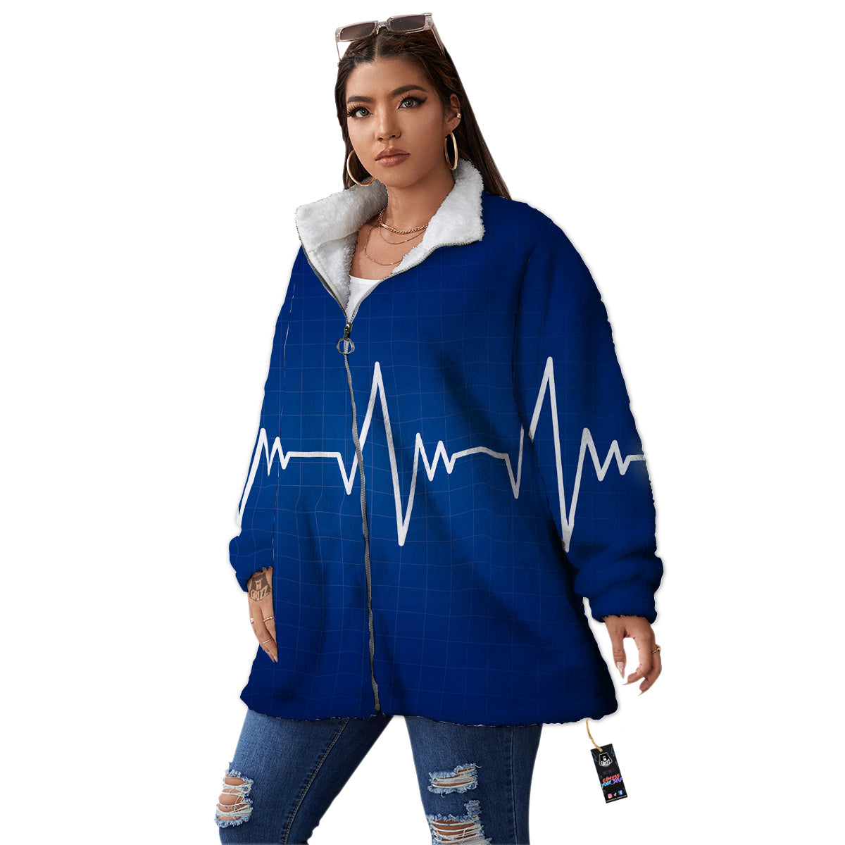 Heartbeat Blue Print Women's Sherpa Jacket-grizzshop