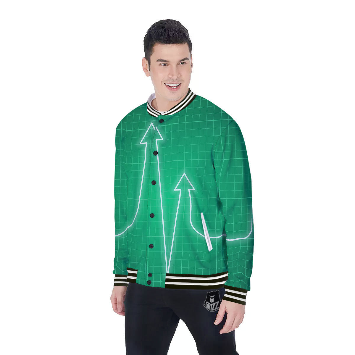 Heartbeat Green Print Baseball Jacket-grizzshop