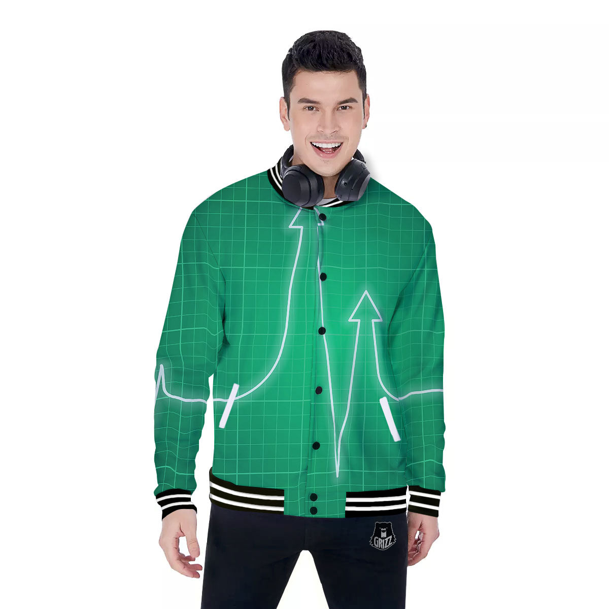Heartbeat Green Print Baseball Jacket-grizzshop