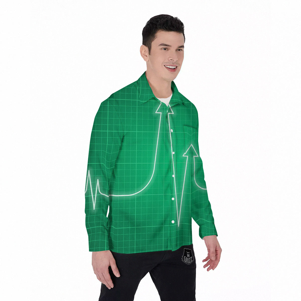 Heartbeat Green Print Men's Long Sleeve Shirts-grizzshop