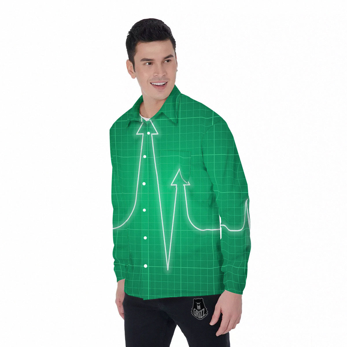 Heartbeat Green Print Men's Long Sleeve Shirts-grizzshop