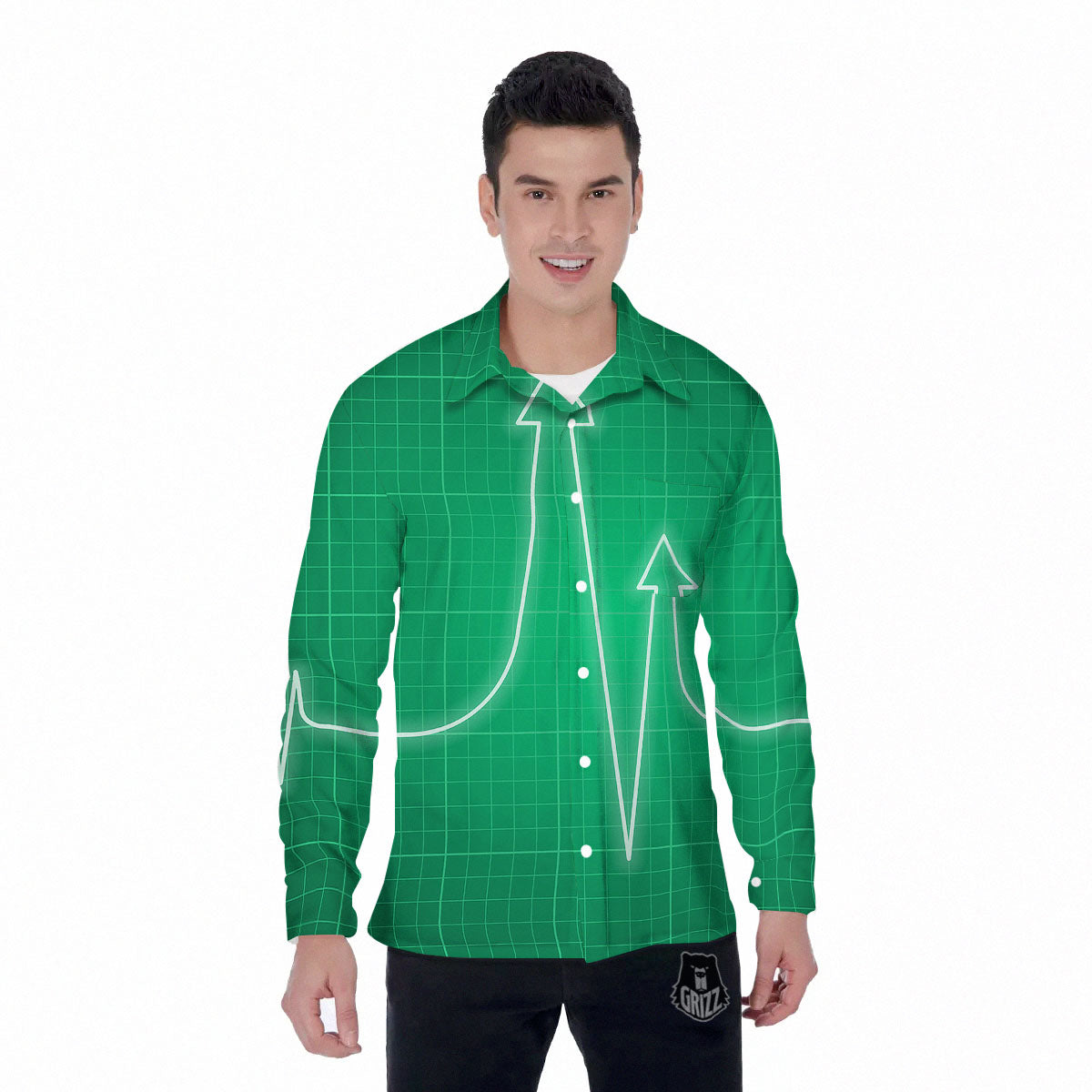 Heartbeat Green Print Men's Long Sleeve Shirts-grizzshop
