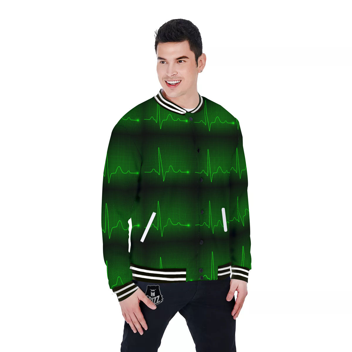 Heartbeat Green Print Pattern Baseball Jacket-grizzshop