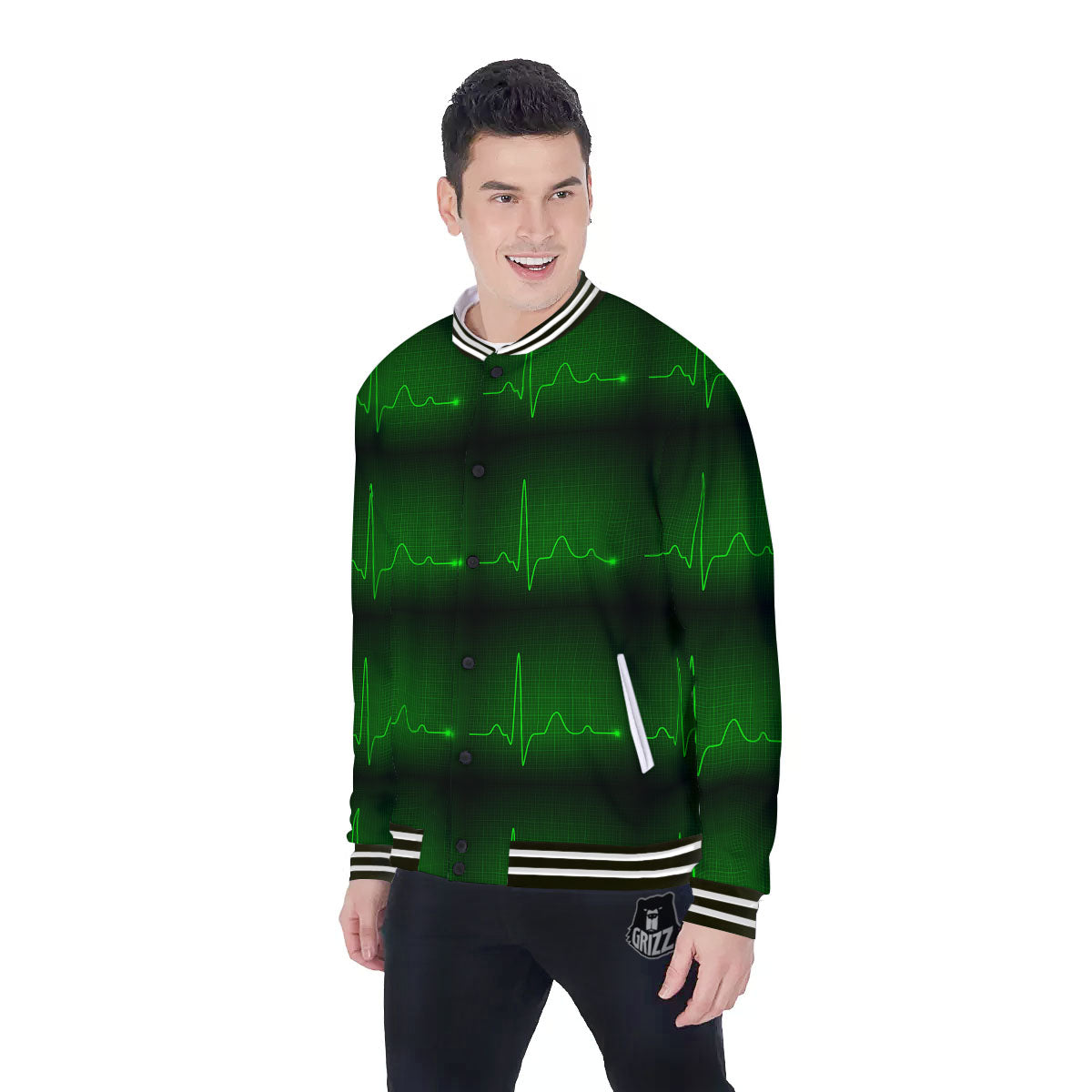 Heartbeat Green Print Pattern Baseball Jacket-grizzshop