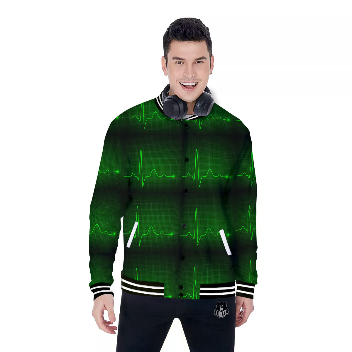 Heartbeat Green Print Pattern Baseball Jacket-grizzshop