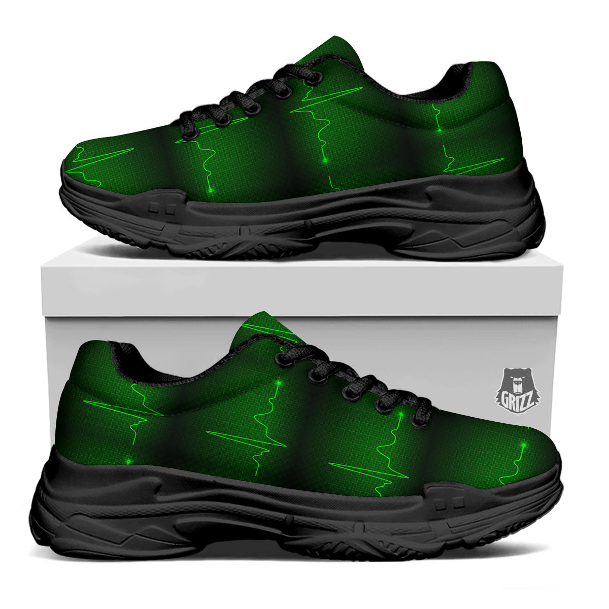 Heartbeat Green Print Pattern Black Chunky Shoes-grizzshop