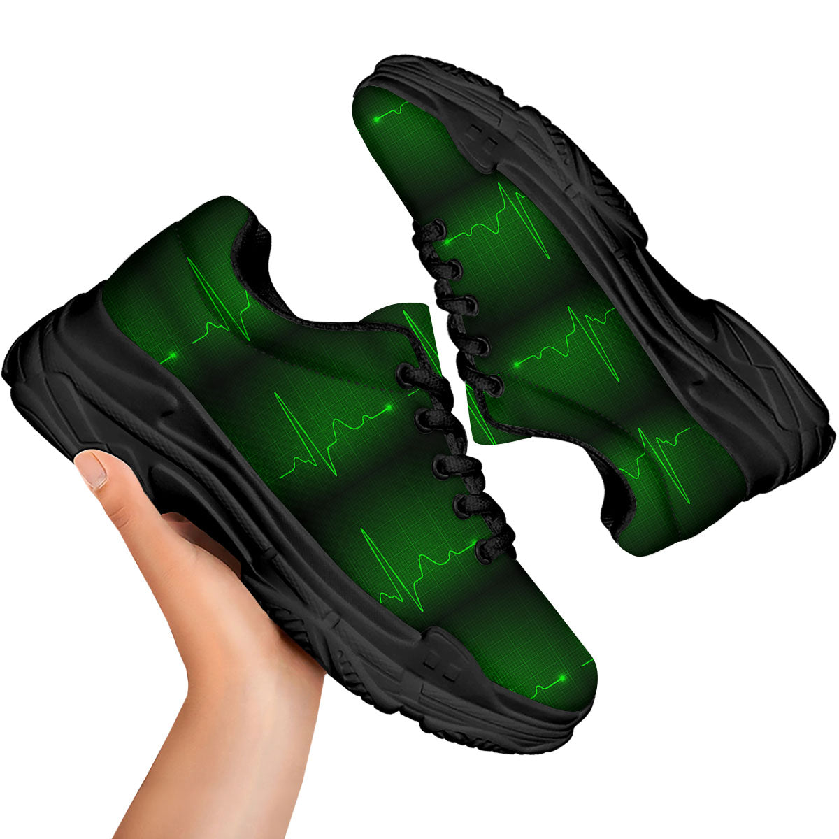 Heartbeat Green Print Pattern Black Chunky Shoes-grizzshop