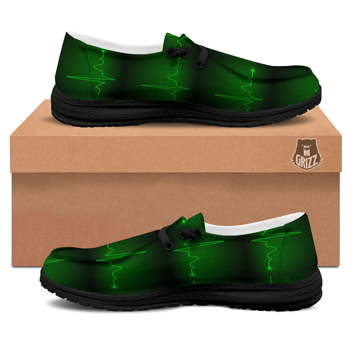 Heartbeat Green Print Pattern Black Loafers-grizzshop