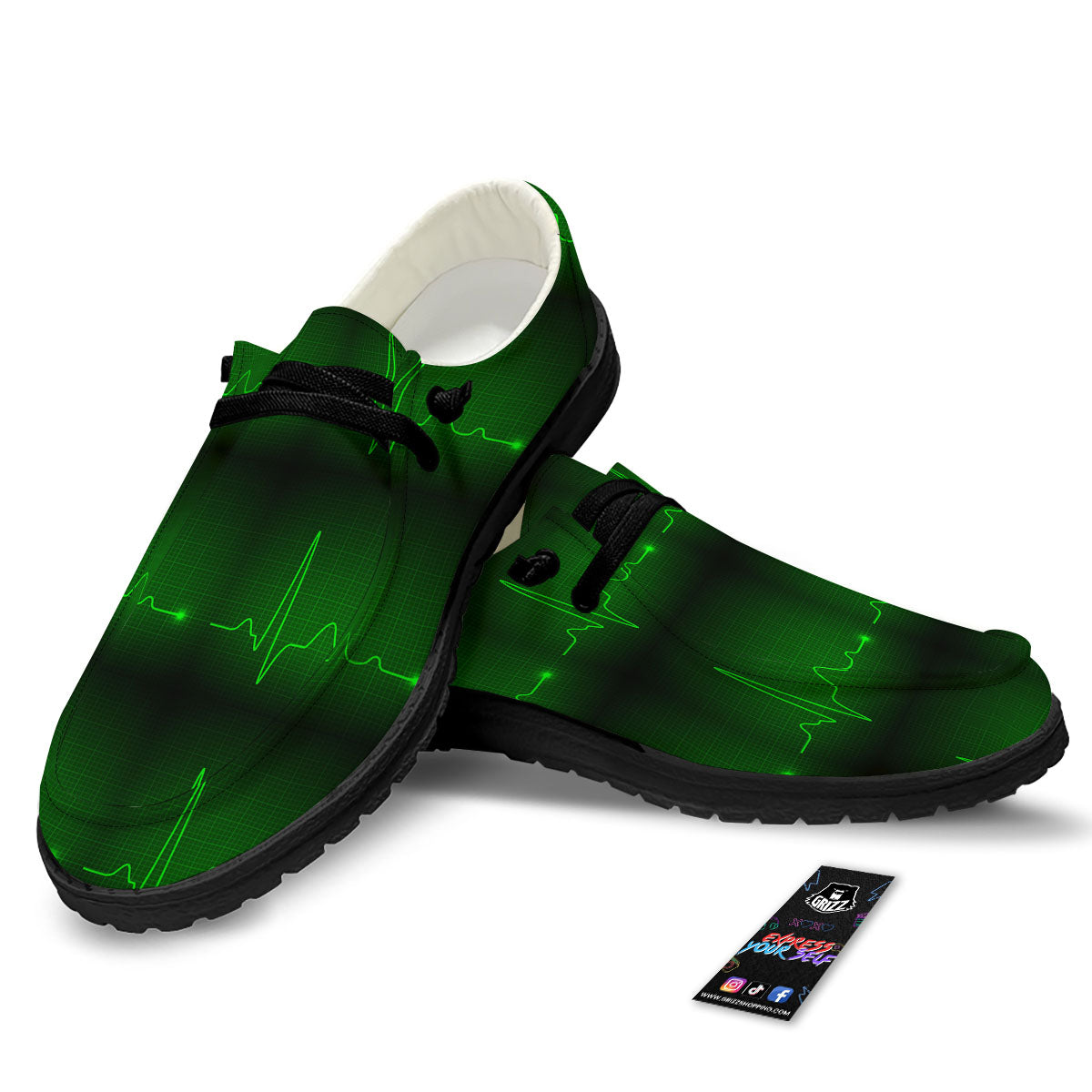 Heartbeat Green Print Pattern Black Loafers-grizzshop