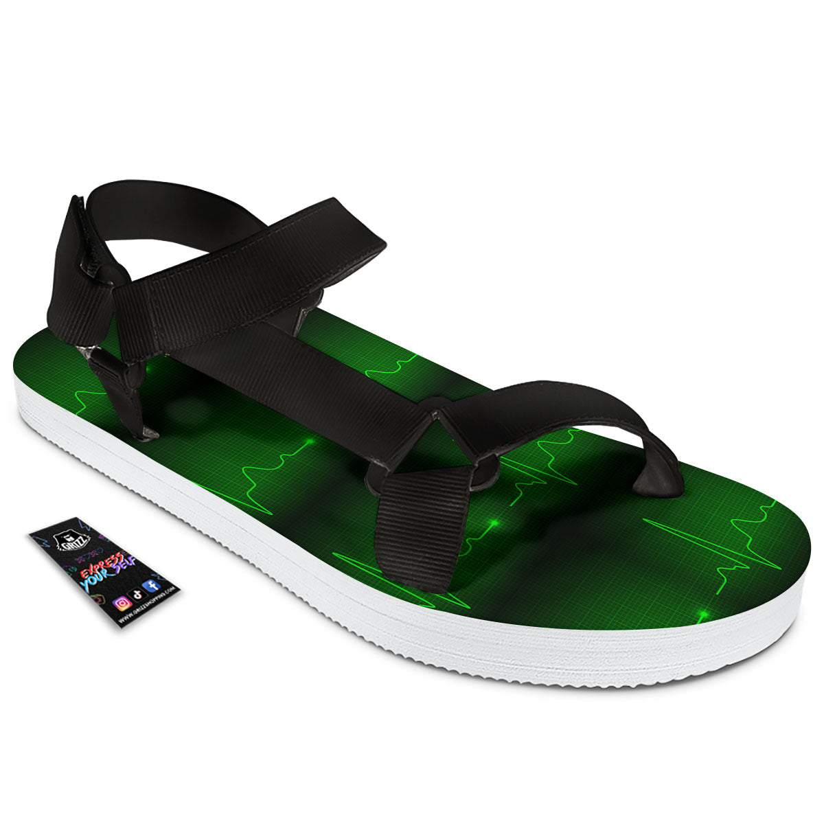 Heartbeat Green Print Pattern Black Open Toe Sandals-grizzshop