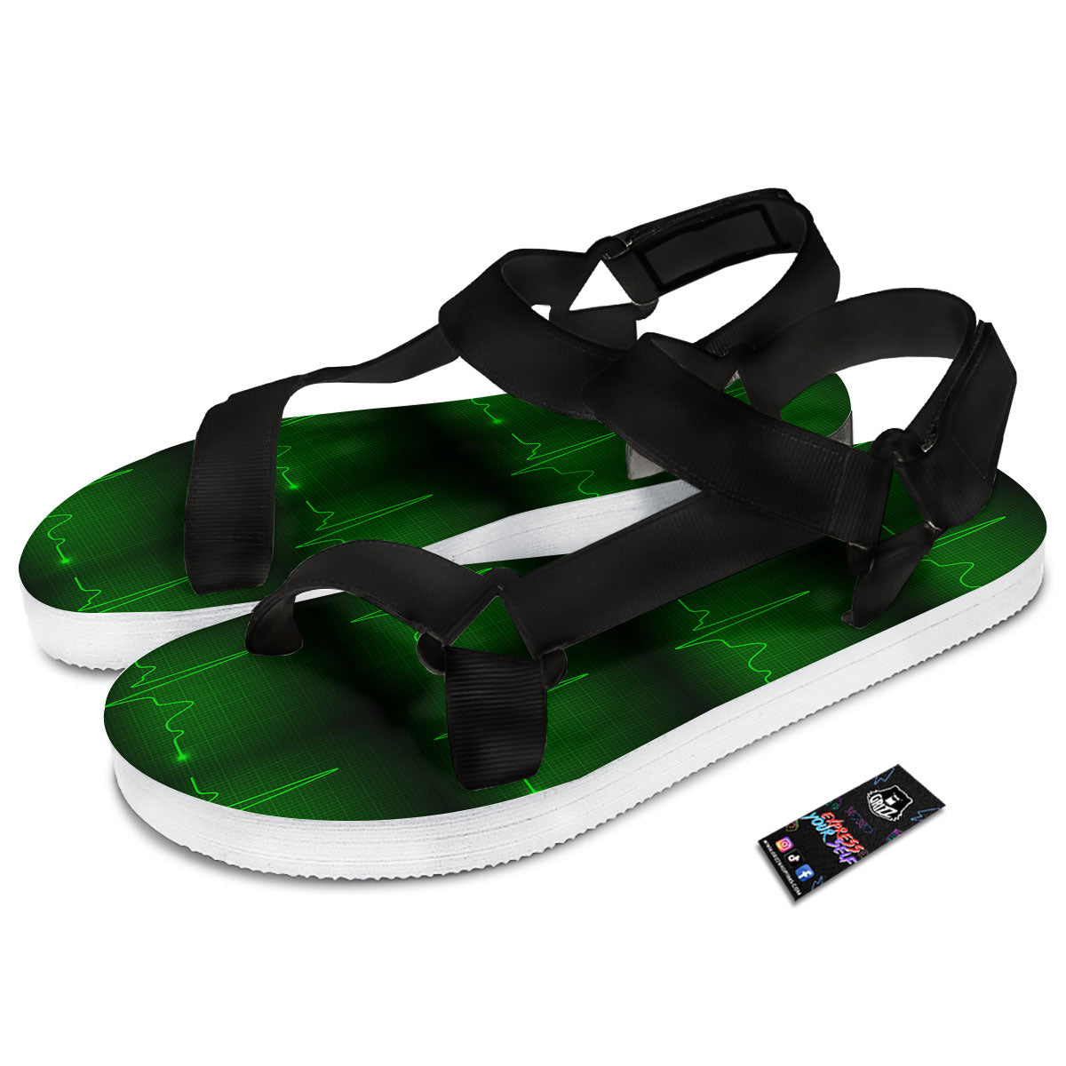 Heartbeat Green Print Pattern Black Open Toe Sandals-grizzshop