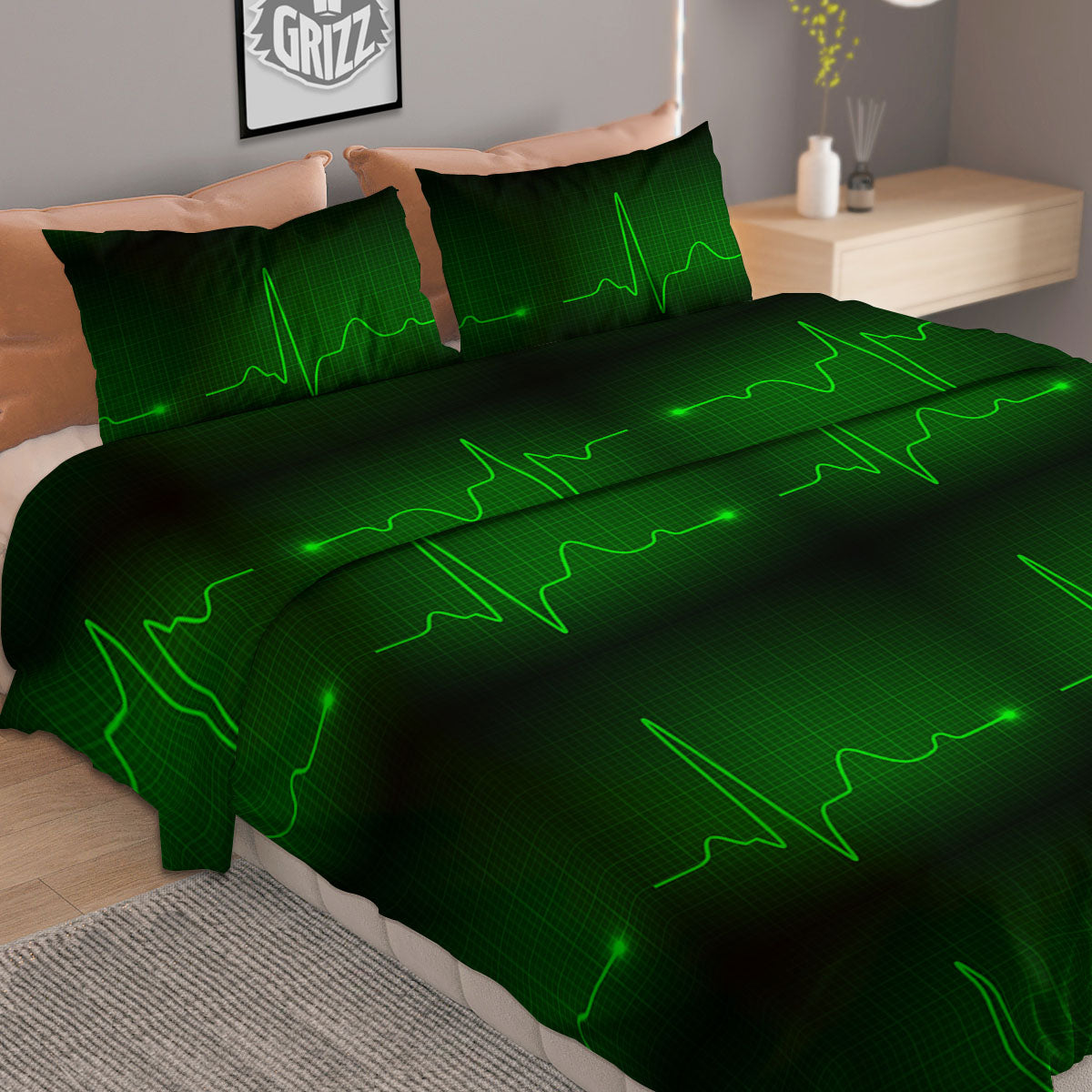 Heartbeat Green Print Pattern Duvet Cover Bedding Set