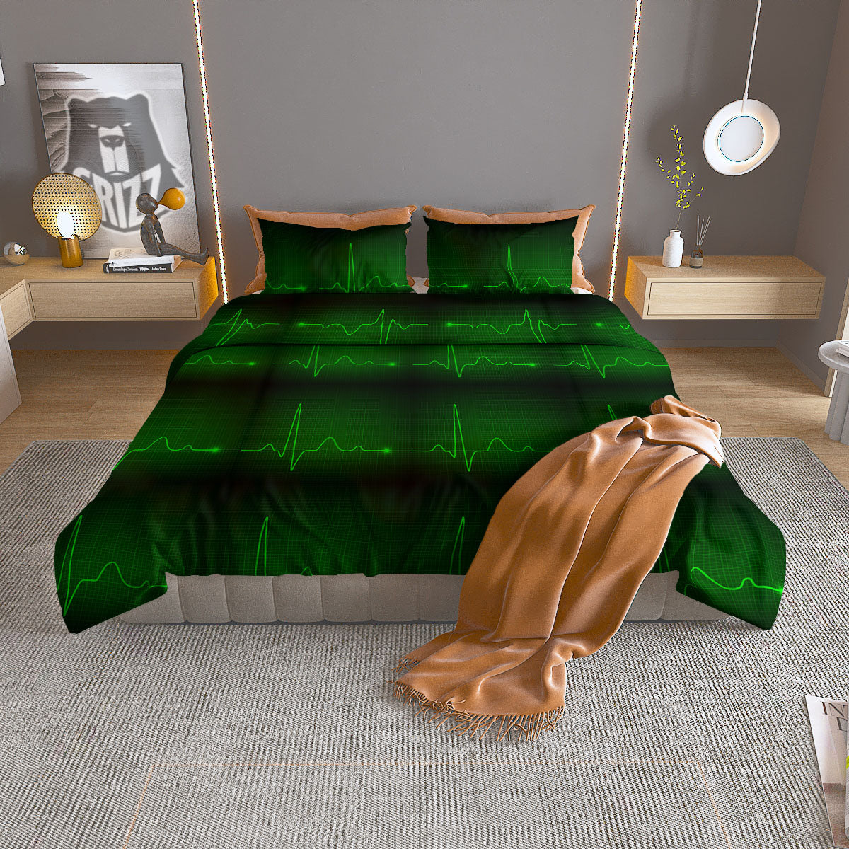 Heartbeat Green Print Pattern Duvet Cover Bedding Set