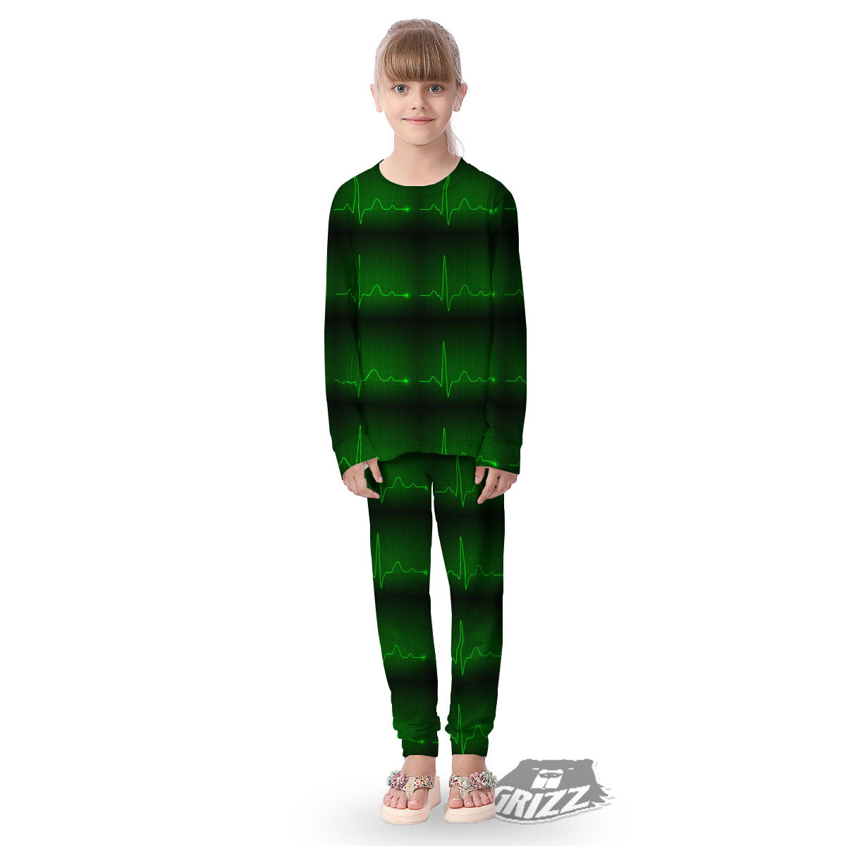 Heartbeat Green Print Pattern Kid's Pajamas-grizzshop