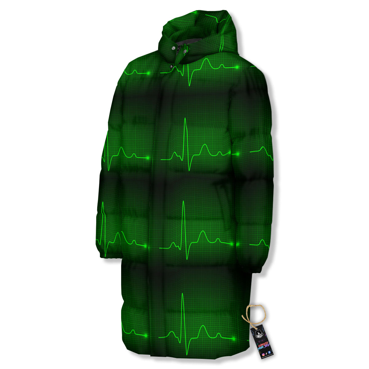 Heartbeat Green Print Pattern Long Down Jacket-grizzshop