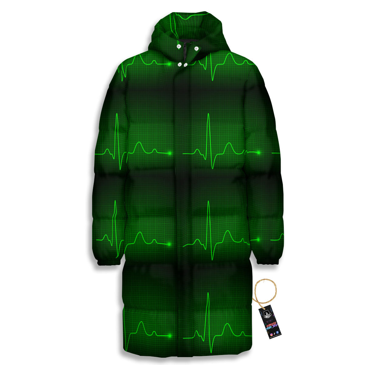 Heartbeat Green Print Pattern Long Down Jacket-grizzshop