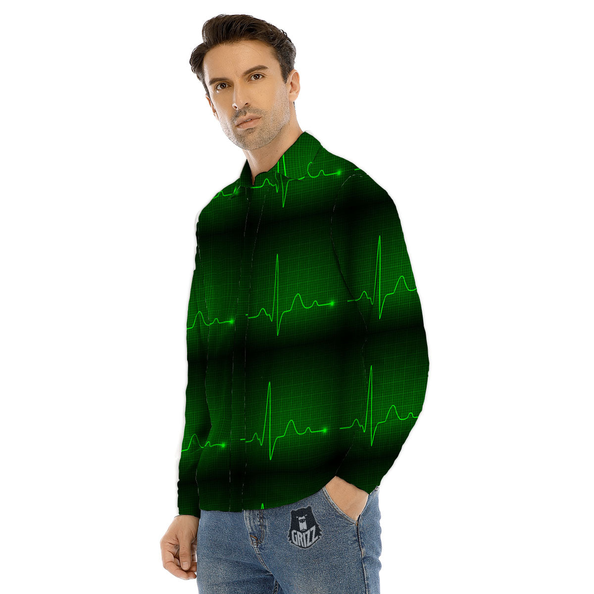 Heartbeat Green Print Pattern Men's Dress Shirts-grizzshop