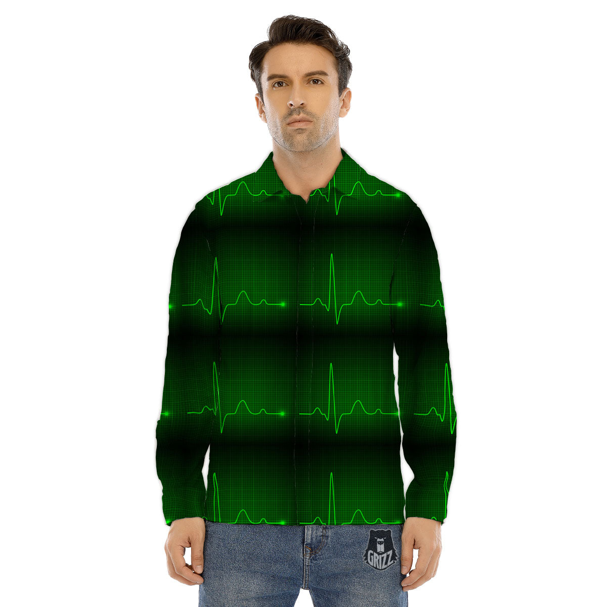 Heartbeat Green Print Pattern Men's Dress Shirts-grizzshop