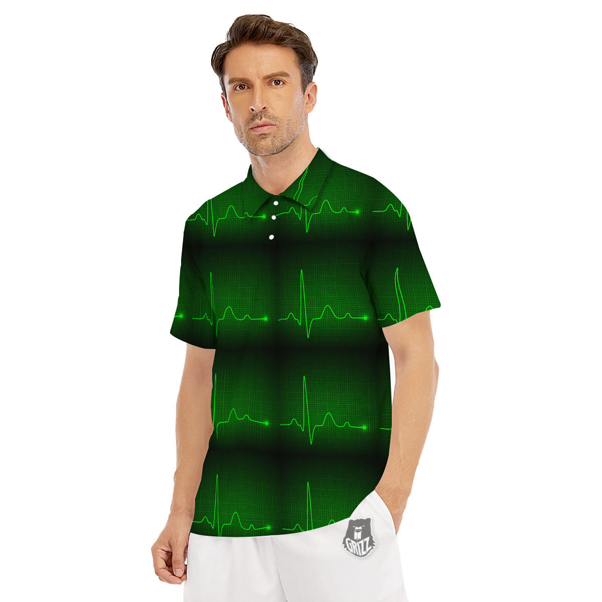 Heartbeat Green Print Pattern Men's Golf Shirts-grizzshop