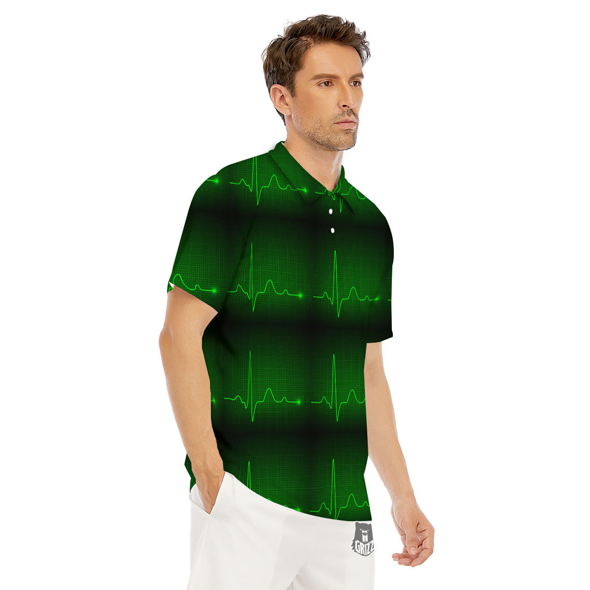 Heartbeat Green Print Pattern Men's Golf Shirts-grizzshop