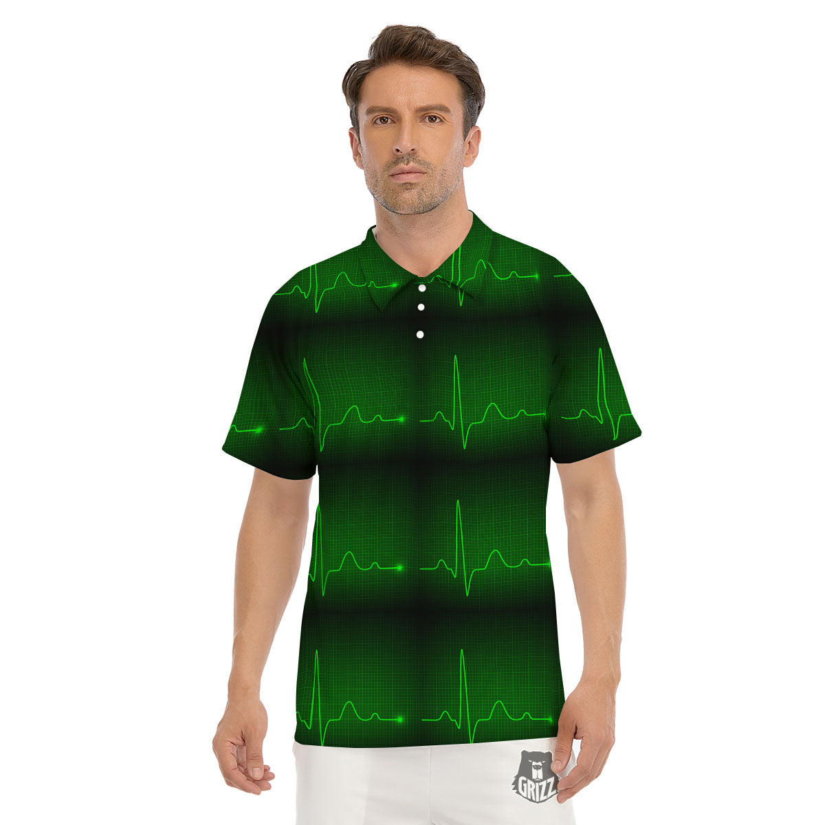 Heartbeat Green Print Pattern Men's Golf Shirts-grizzshop
