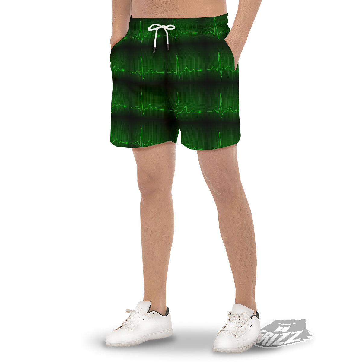 Heartbeat Green Print Pattern Men's Gym Shorts-grizzshop