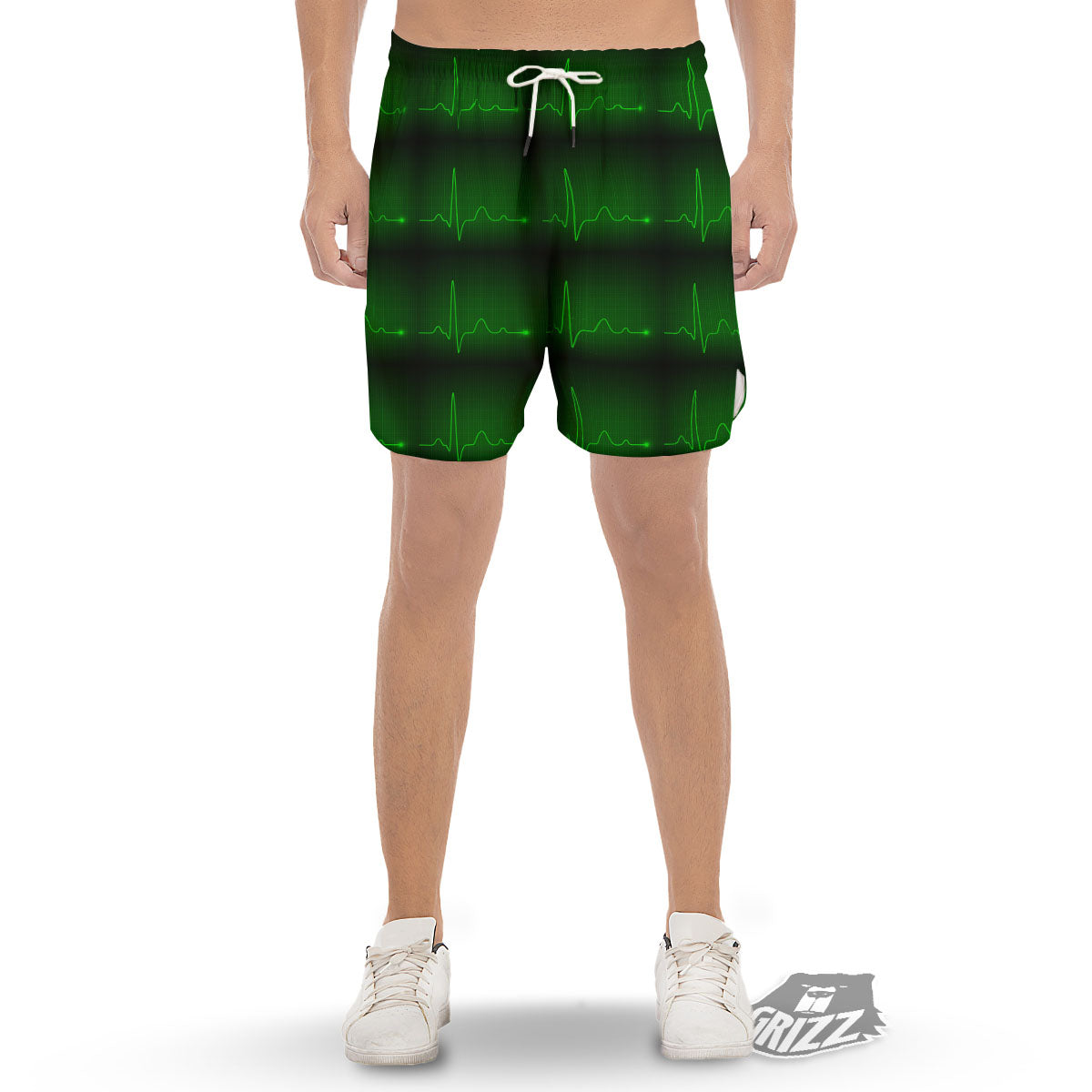 Heartbeat Green Print Pattern Men's Gym Shorts-grizzshop
