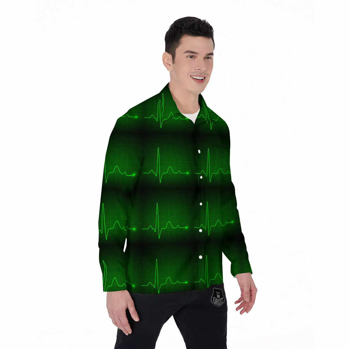 Heartbeat Green Print Pattern Men's Long Sleeve Shirts-grizzshop