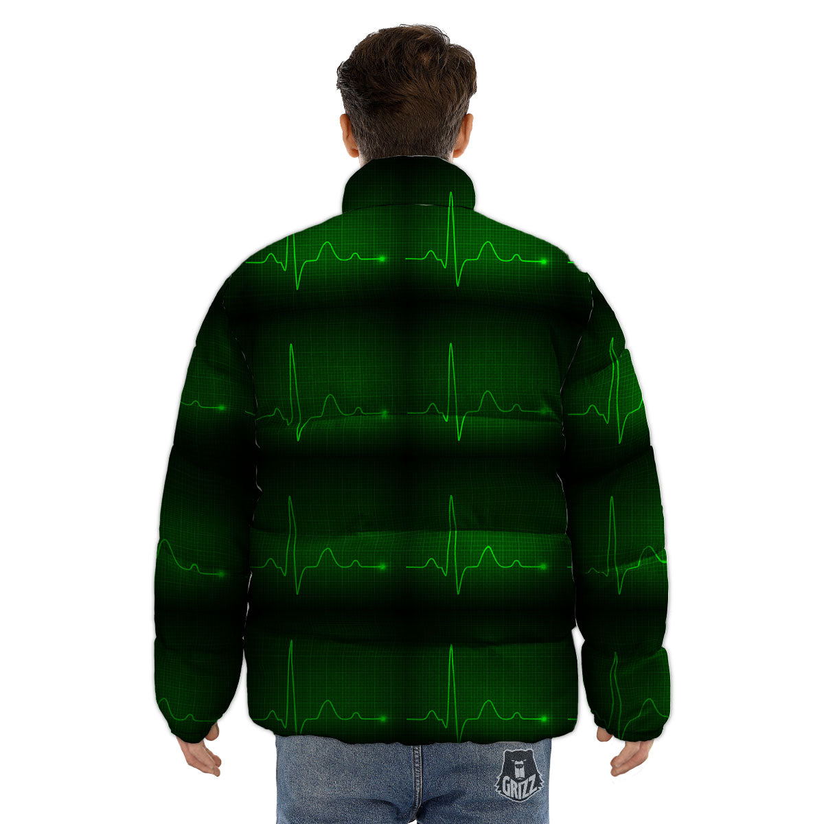 Heartbeat Green Print Pattern Puffer Jacket-grizzshop