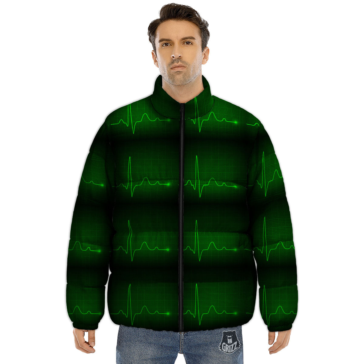 Heartbeat Green Print Pattern Puffer Jacket-grizzshop