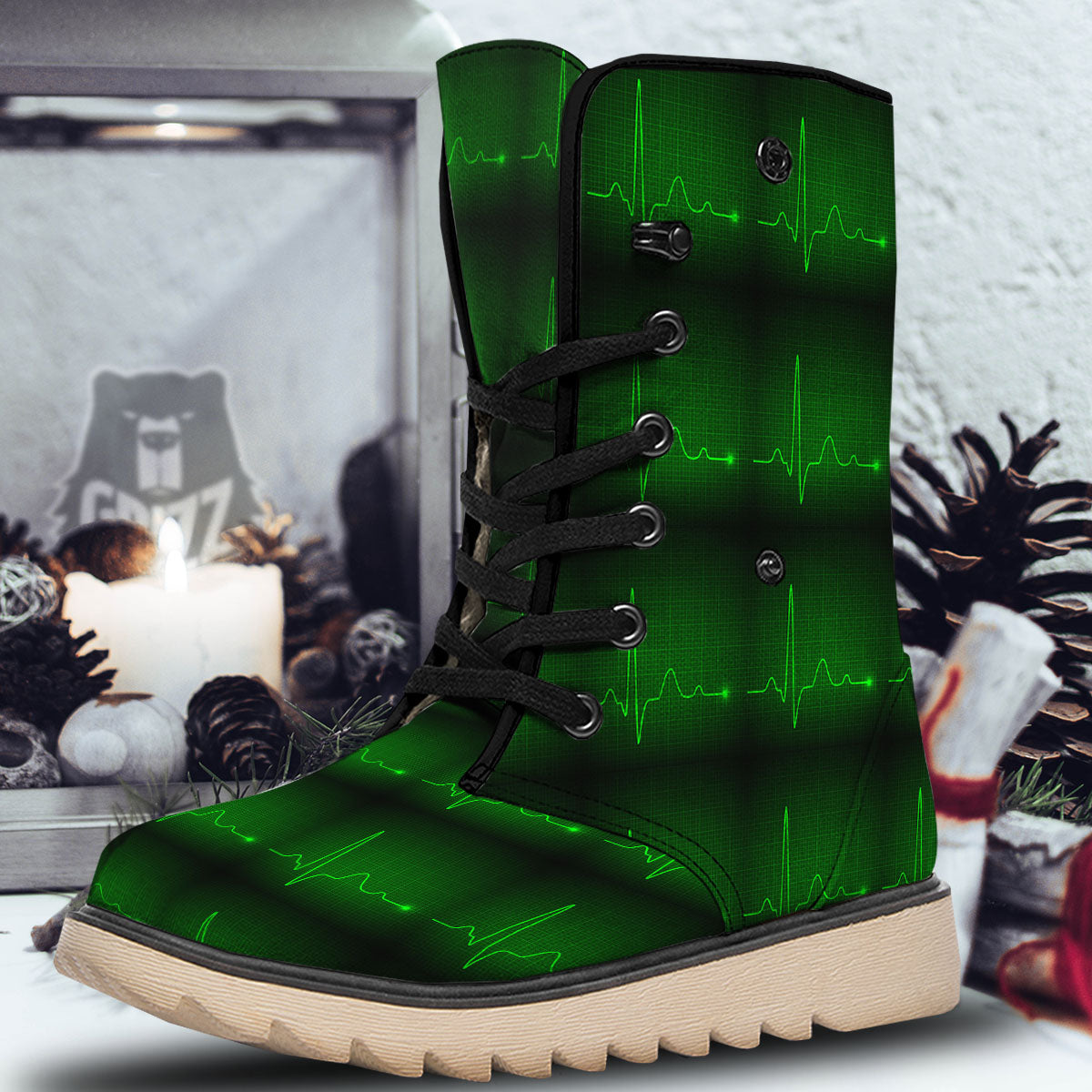 Heartbeat Green Print Pattern Snow Boots-grizzshop