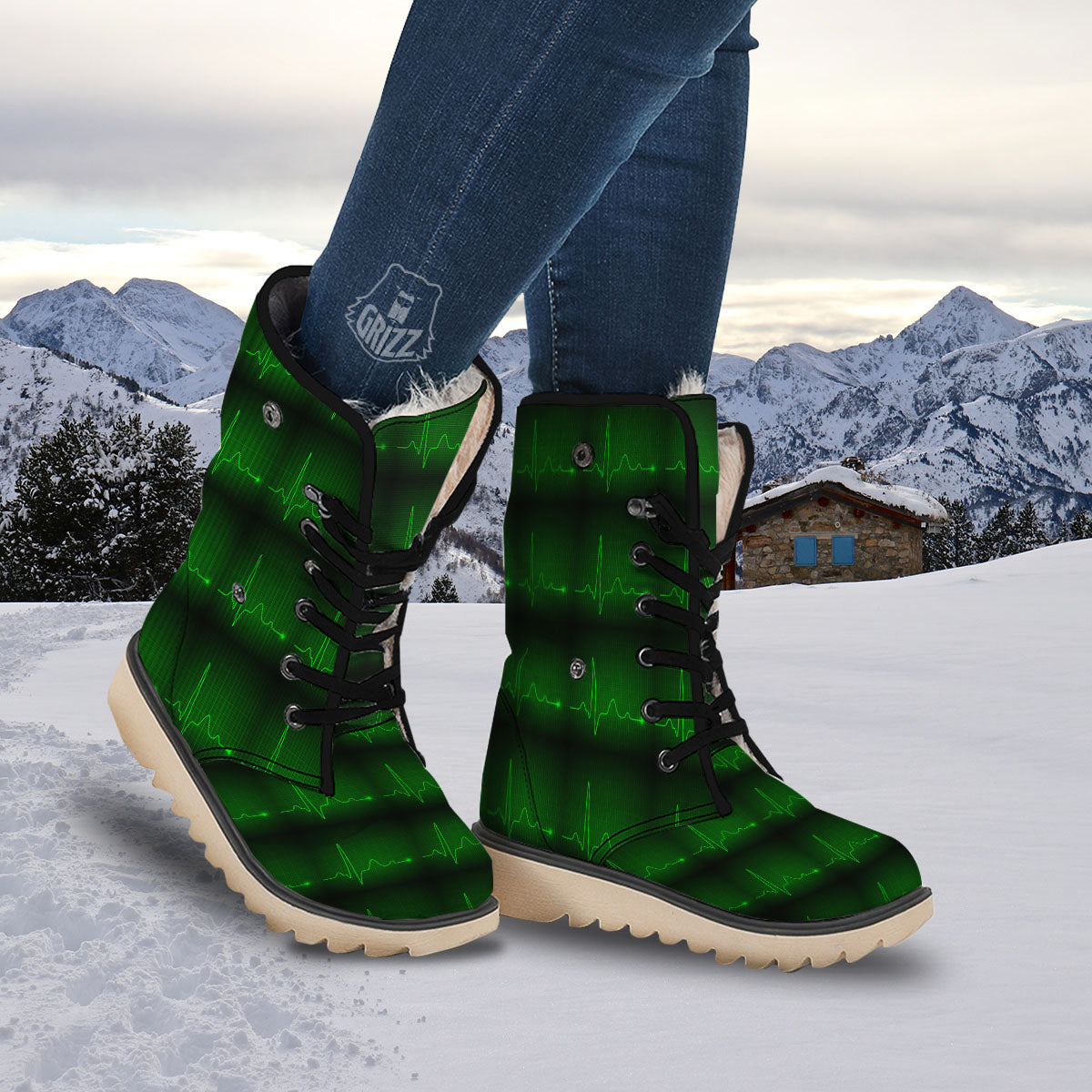 Heartbeat Green Print Pattern Snow Boots-grizzshop