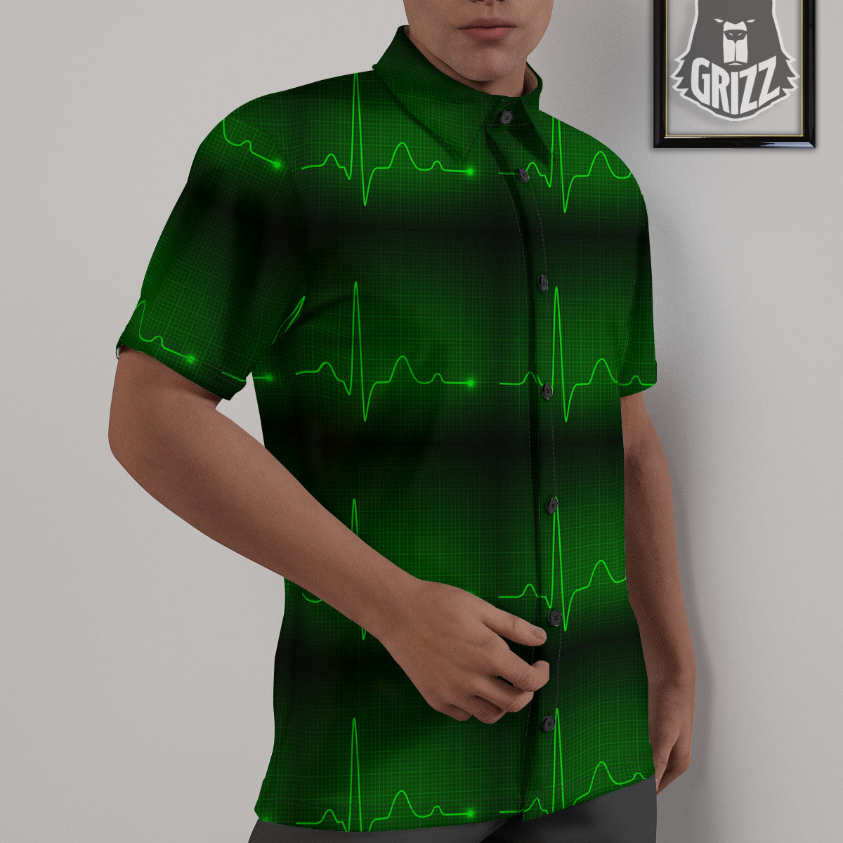 Heartbeat Green Print Pattern Untucked Shirts-grizzshop