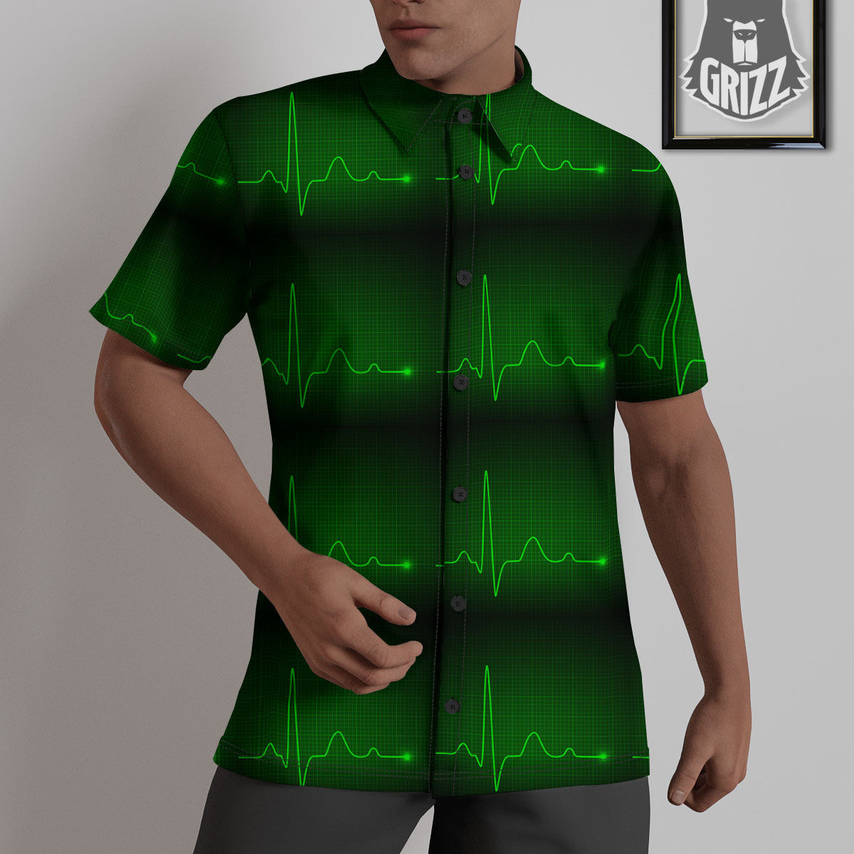 Heartbeat Green Print Pattern Untucked Shirts-grizzshop