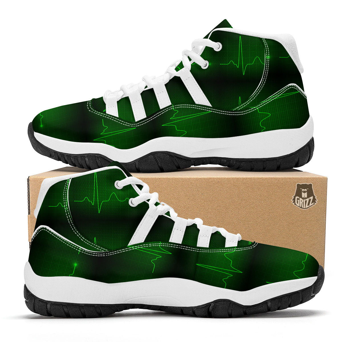Heartbeat Green Print Pattern White Bball Shoes-grizzshop