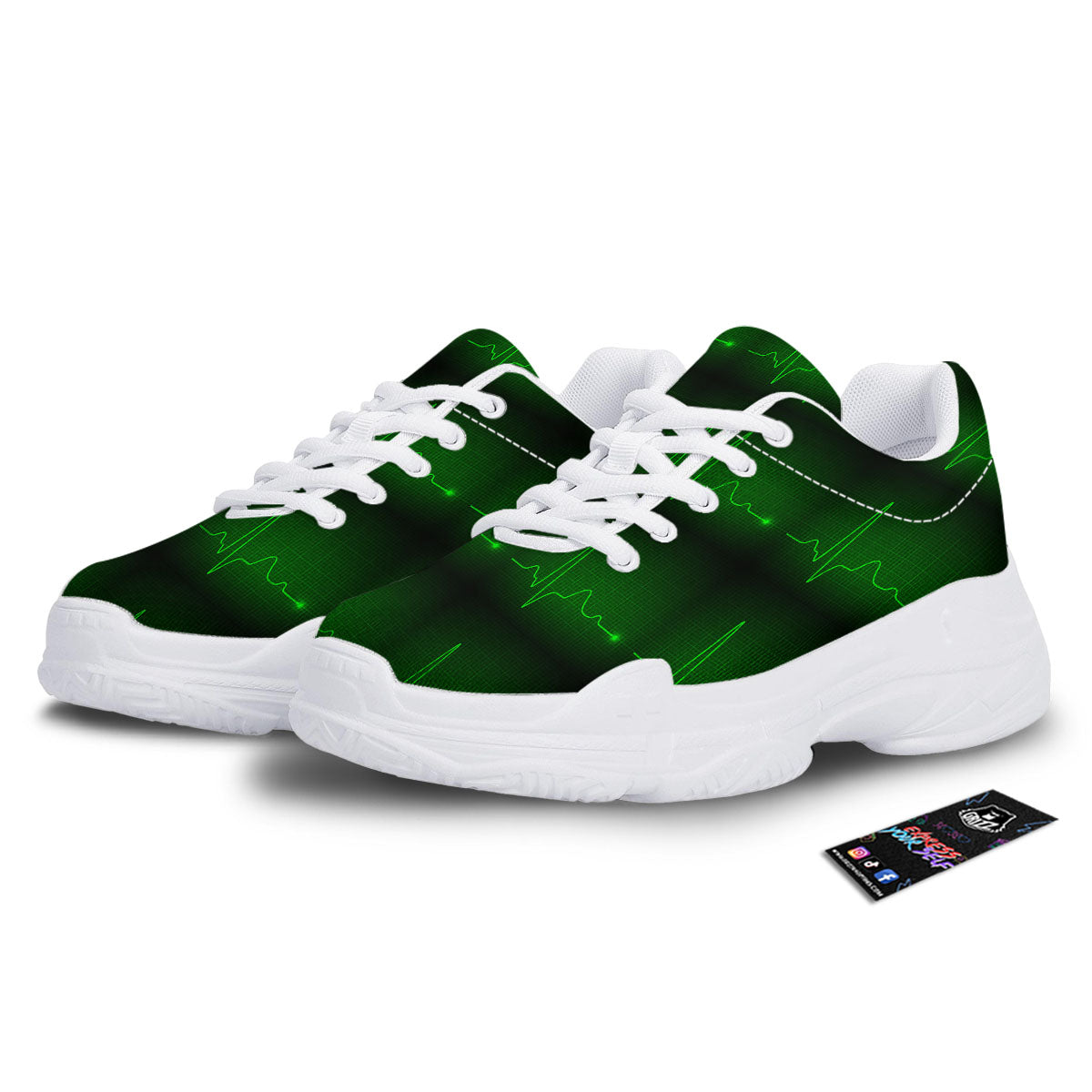 Heartbeat Green Print Pattern White Chunky Shoes-grizzshop