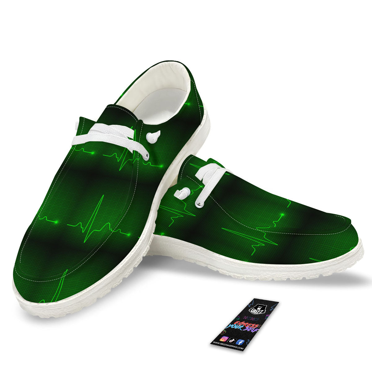 Heartbeat Green Print Pattern White Loafers-grizzshop