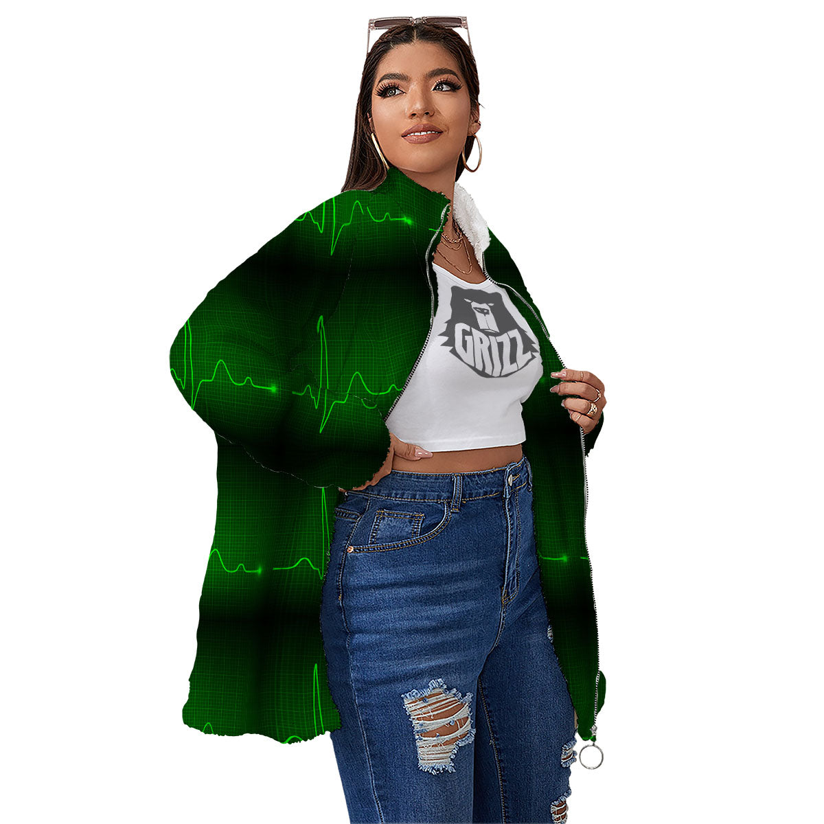 Heartbeat Green Print Pattern Women's Sherpa Jacket-grizzshop