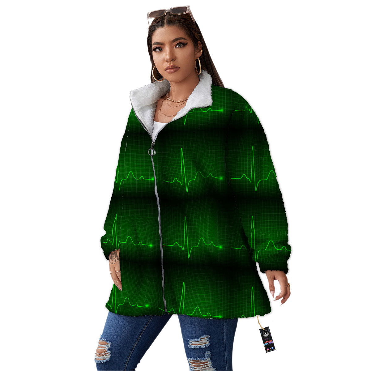 Heartbeat Green Print Pattern Women's Sherpa Jacket-grizzshop