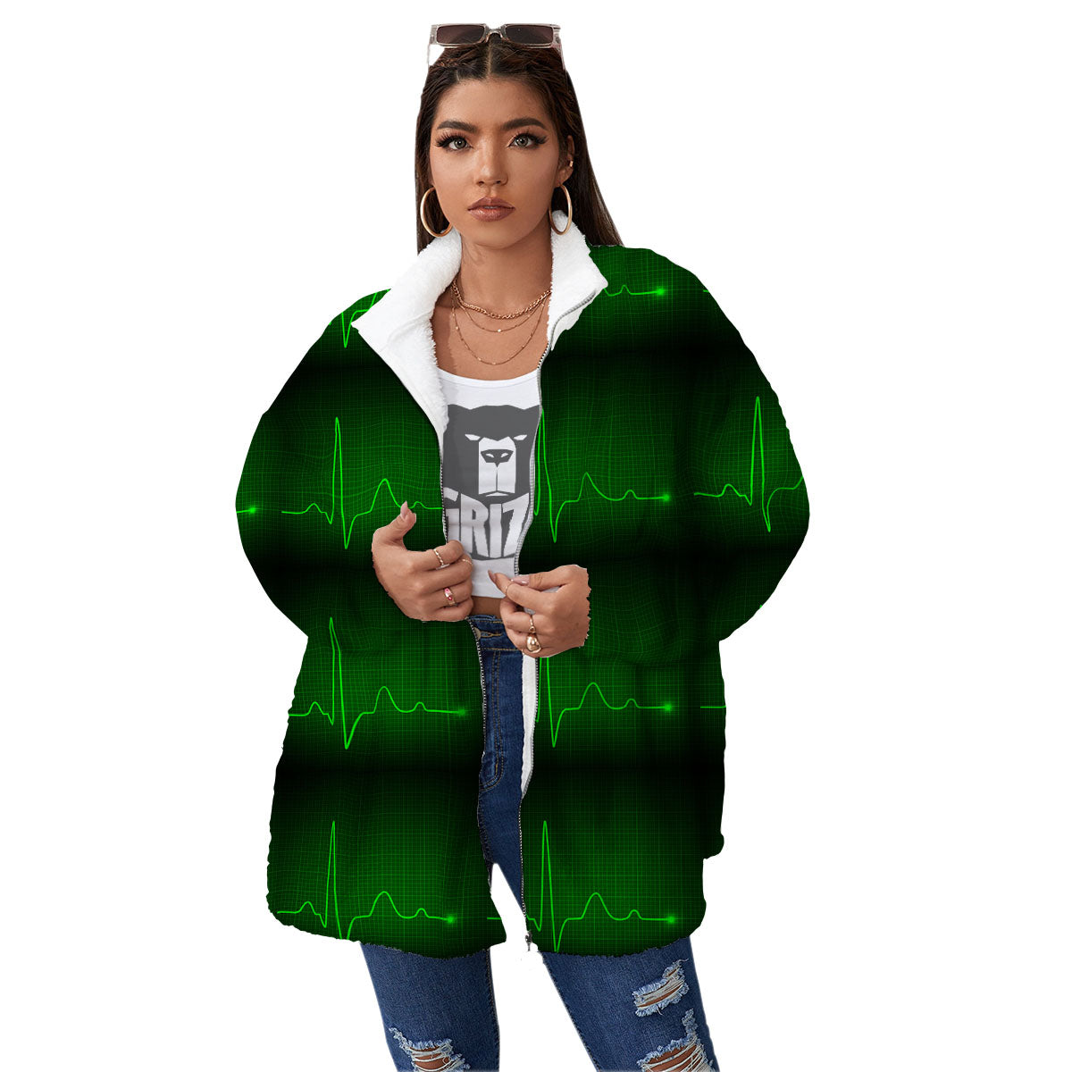 Heartbeat Green Print Pattern Women's Sherpa Jacket-grizzshop