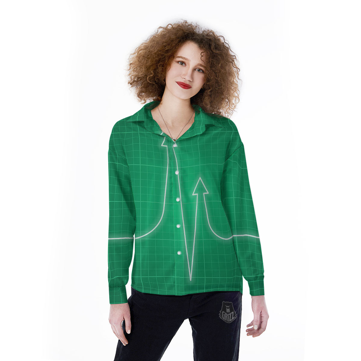 Heartbeat Green Print Women's Long Sleeve Shirts-grizzshop