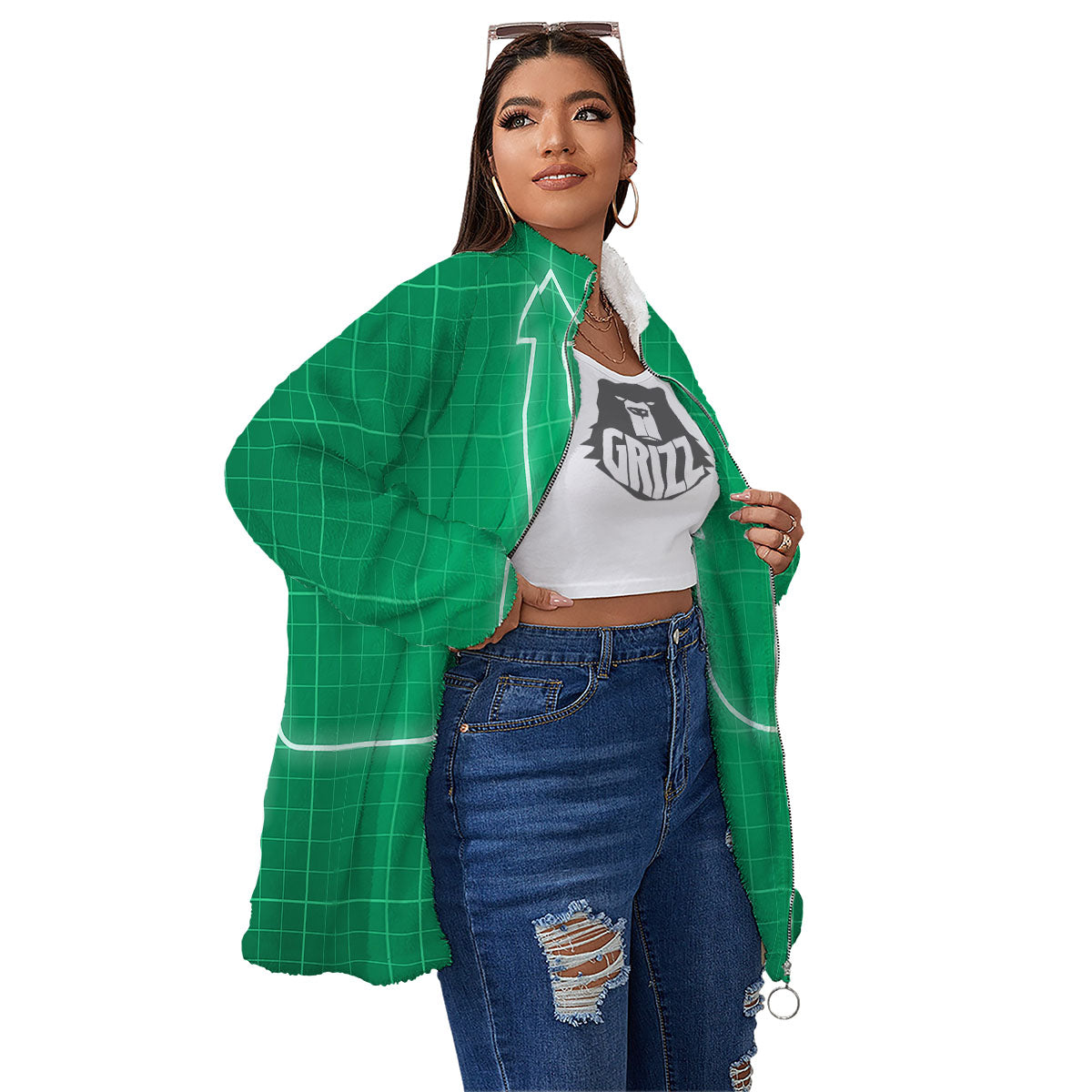 Heartbeat Green Print Women's Sherpa Jacket-grizzshop