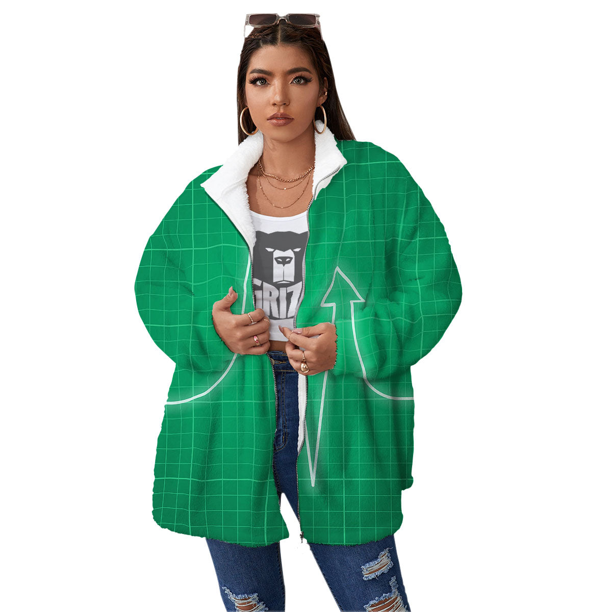 Heartbeat Green Print Women's Sherpa Jacket-grizzshop