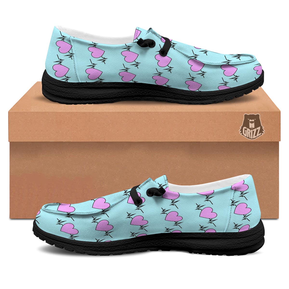 Heartbeat Pink Print Pattern Black Loafers-grizzshop