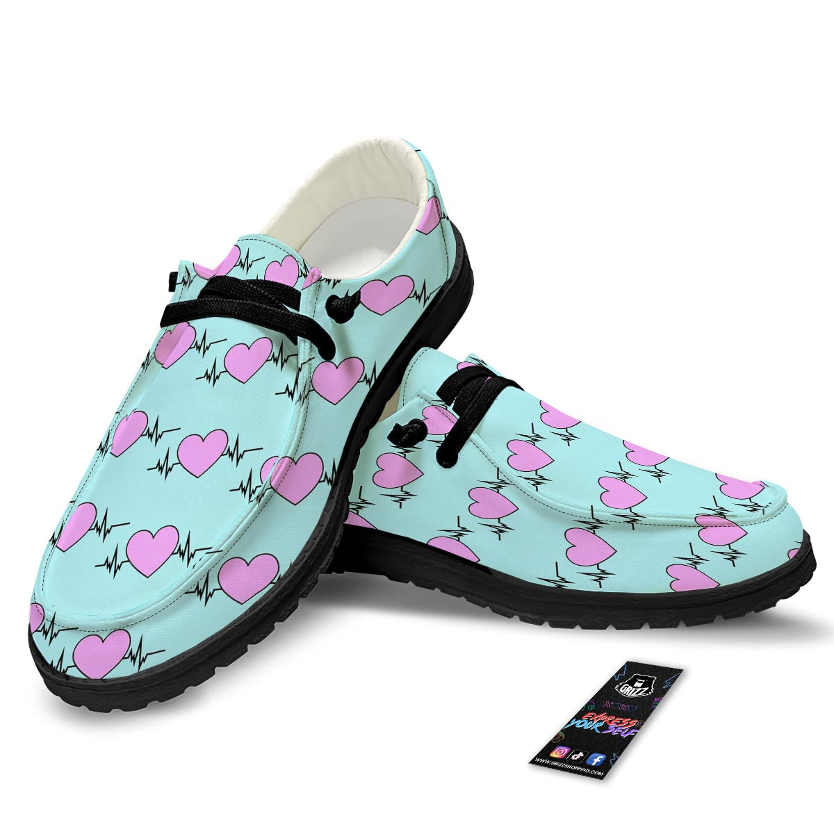 Heartbeat Pink Print Pattern Black Loafers-grizzshop